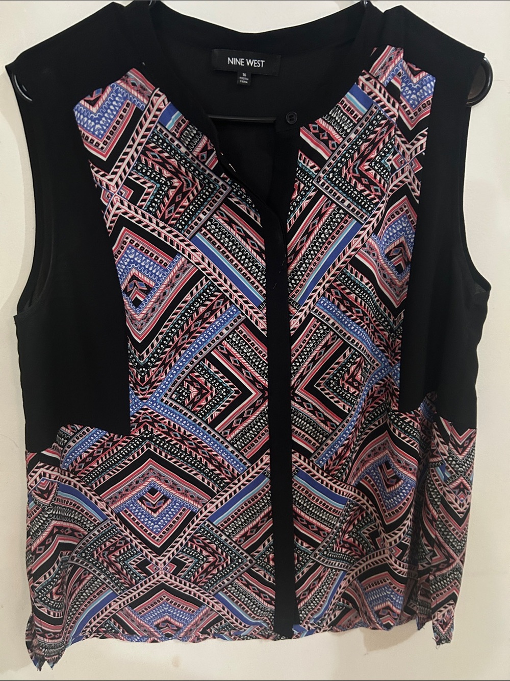 Nine West Black Sleeveless Top with Pink and Blue Geometric Print
